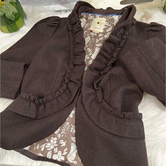 NEW ANTHRO x Elevenses Wool Tailored Ruffle Standing Double Collar Jacket 0 NWOT - Picture 7 of 16